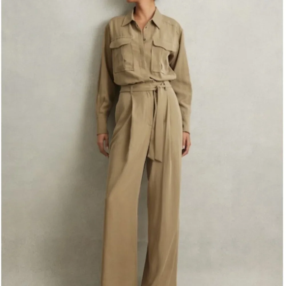 REISS Liliana Lyocell Wide Leg Jumpsuit in Khaki US 2 NWT - Picture 1 of 6